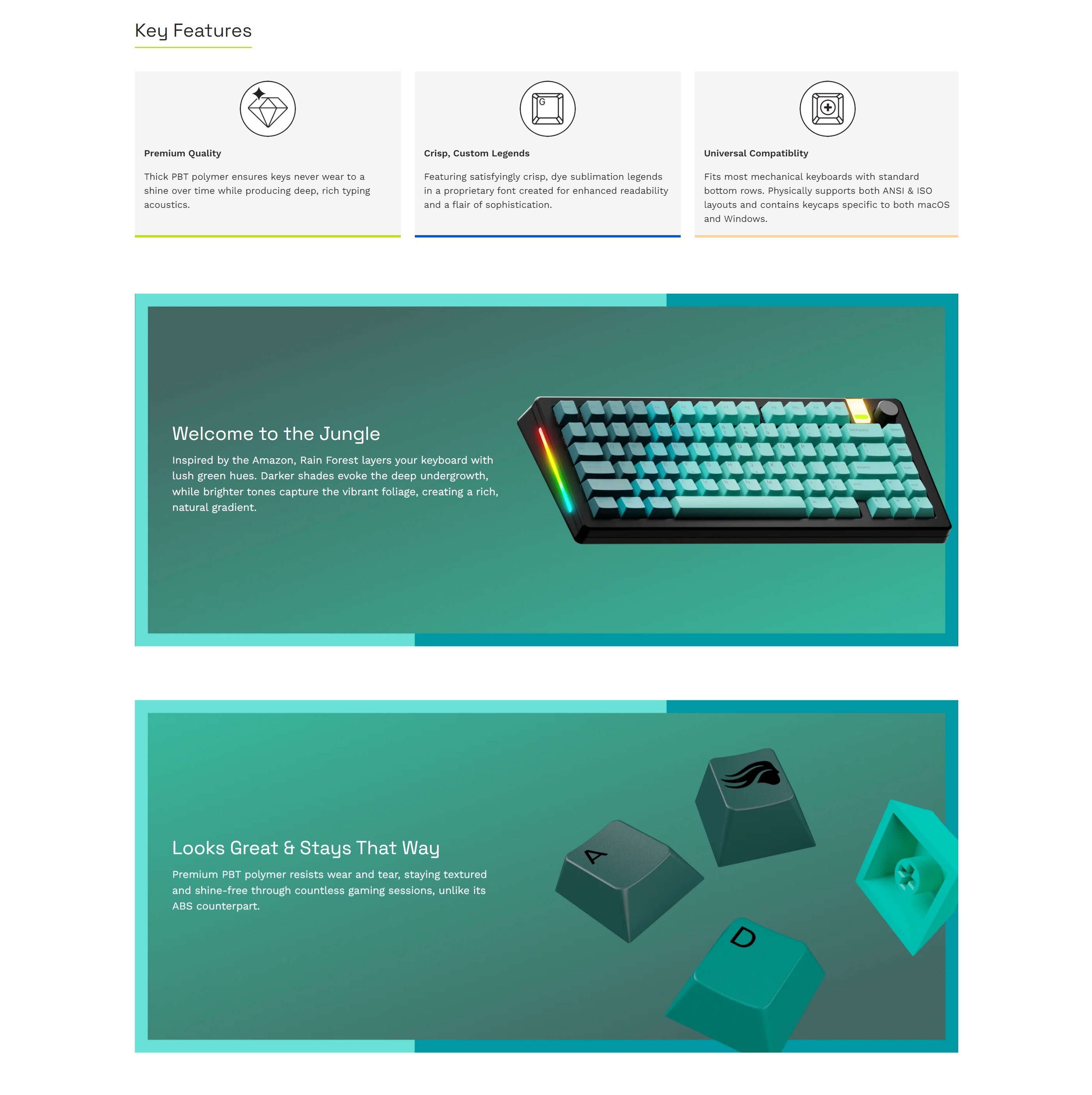 A large marketing image providing additional information about the product Glorious GPBT Gradient Keycaps - Rainforest - Additional alt info not provided